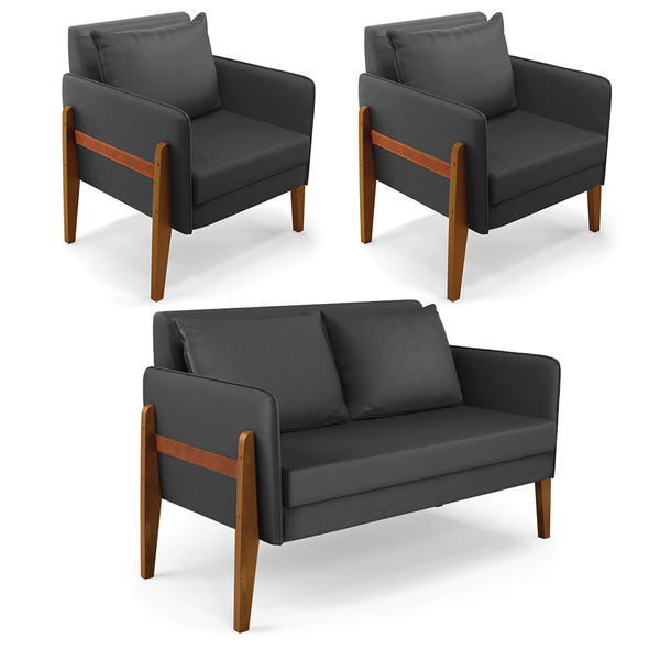 Kit 1 Sofá Namoradeira E 2 Poltronas Lana Corino Preto Base D