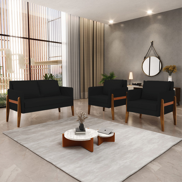 Kit 1 Sofá Namoradeira E 2 Poltronas Lana Linho Base De Madei