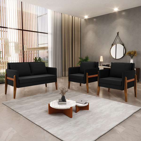 Kit 1 Sofá Namoradeira E 2 Poltronas Lana Suede Base De Madei