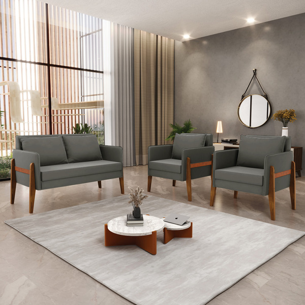 Kit 1 Sofá Namoradeira E 2 Poltronas Lana Suede Base De Madei