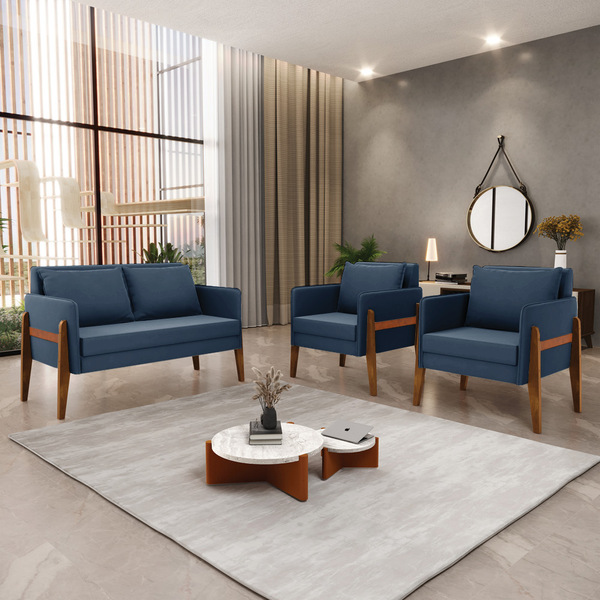 Kit 1 Sofá Namoradeira E 2 Poltronas Lana Suede Base De Madei