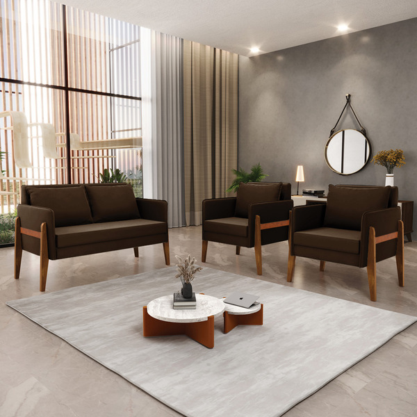 Kit 1 Sofá Namoradeira E 2 Poltronas Lana Suede Marrom Base D