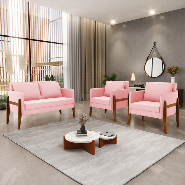 Kit 1 Sofá Namoradeira E 2 Poltronas Lana Suede Rosa Bebê Bas