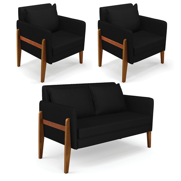 Kit 1 Sofá Namoradeira E 2 Poltronas Lana Veludo Luxo Preto A
