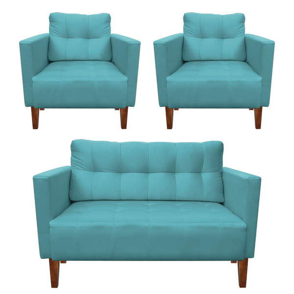 Kit 1 Sofá Namoradeira E 2 Poltronas Livia Suede Azul Turques