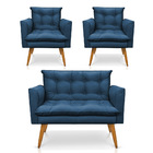 Kit 1 Sofá Namoradeira E 2 Poltronas Tais Suede Azul Marinho