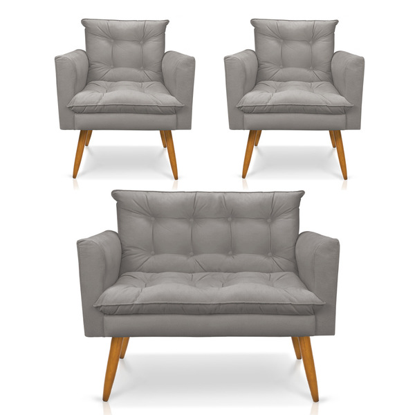 Kit 1 Sofá Namoradeira E 2 Poltronas Tais Suede Grafite Pés P