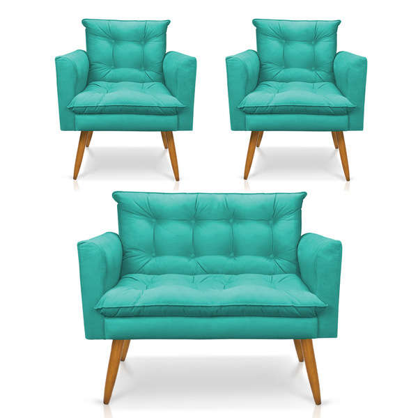 Kit 1 Sofá Namoradeira E 2 Poltronas Tais Suede Pés Palito Ca