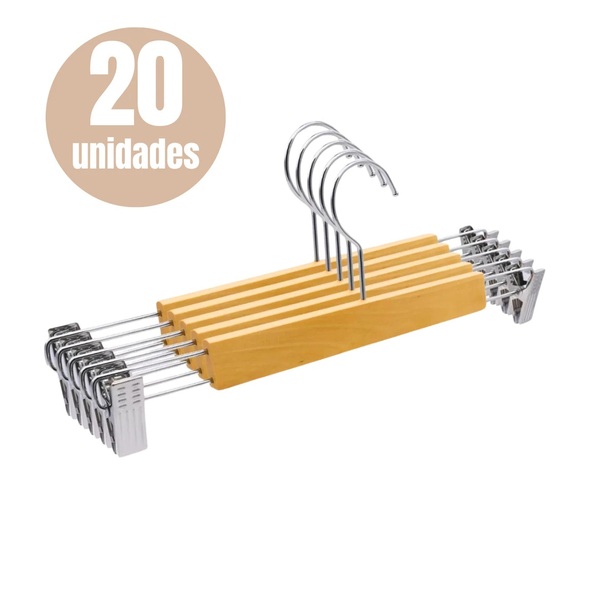 Kit 20 Cabides Madeira Presilha Envernizado Adulto Premium Ca