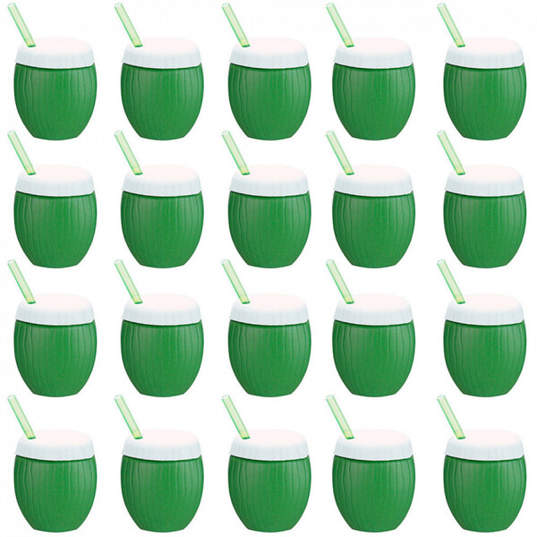 Kit 20 Copos Formato De Coco Verde Com Canudo 300 Ml Caçula