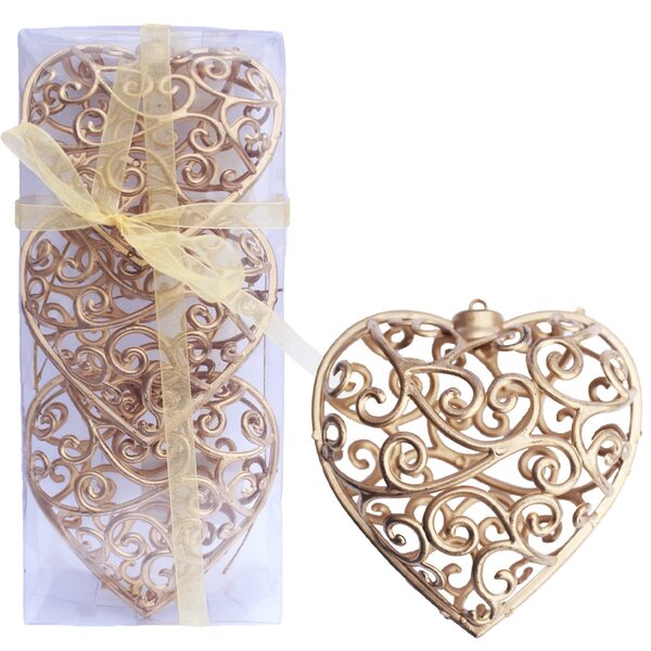 Kit 24 Decoração Pendente Coração Dourado Árvore Natal 10cm