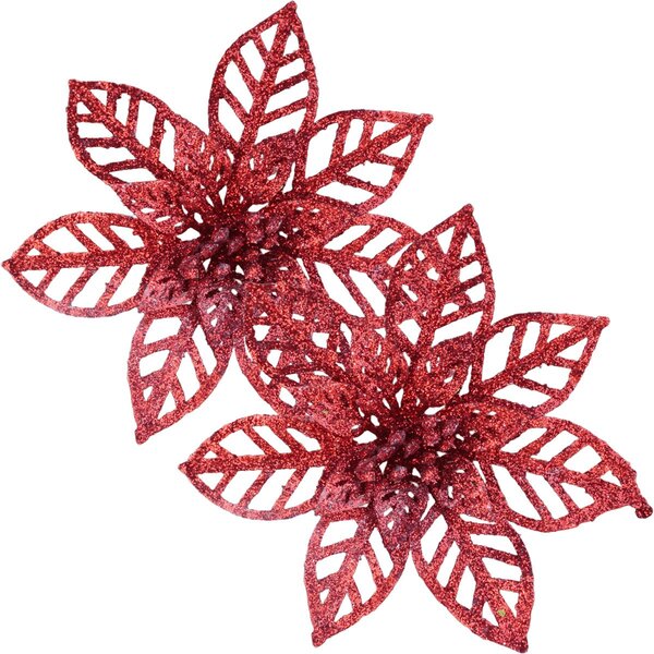 Kit 24 Flores Vermelha Gliter Decoração Árvore De Natal 14cm