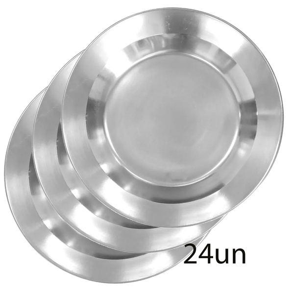 Kit 24 Pratos Inox 22cm Infantil Inquebrável Creche Escola