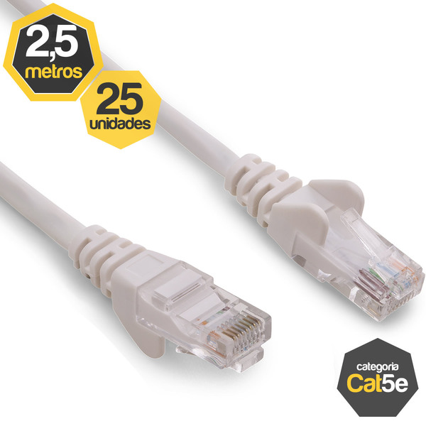 Kit 25 Patch Cord Cat5e Branco 2,50 Metros