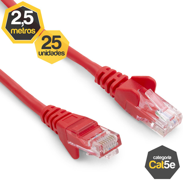 Kit 25 Patch Cord Cat5e Vermelho 2,50 Metros