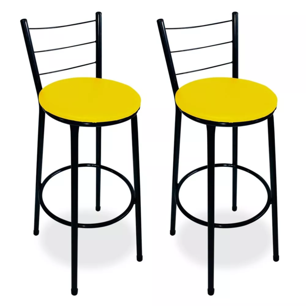 Kit 2  Banquetas Alta Epoxi Preto Assento Amarelo