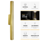 Kit 2 Arandela Boiserie Tubo Cilindro Alumínio Dourado 45cm