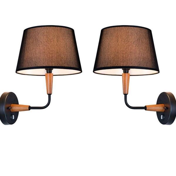 Kit 2 Arandela Cabeceira Madeira Castanho Cúpula Preta