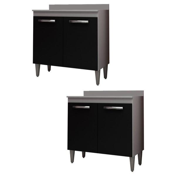 Kit 2 Balcões Com Tampo Turim 80cm 2 Portas Branco/preto - Lu