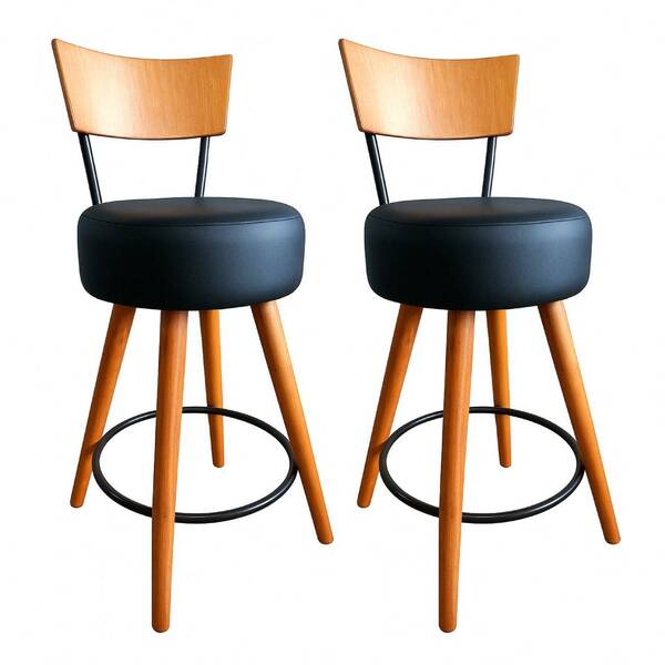 Kit 2 Banqueta Alta Cozinha Estofada Preta Com Encosto Madeir