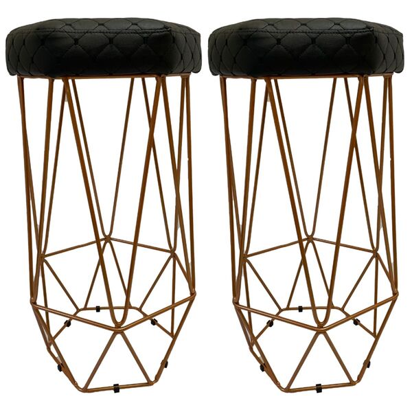 Kit 2 Banqueta Alta Cristal Corino Bordado Preto Base Rosê