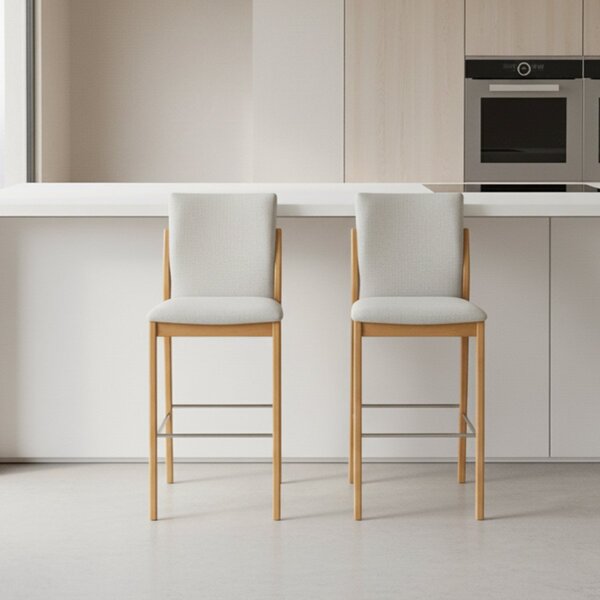Kit 2 Banqueta Aura Alta Madeira Maciça E Linho 25 Bege Desig