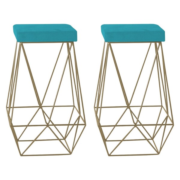 Kit 2 Banqueta Decorativa Kathy Base Gold Suede Azul Claro G4