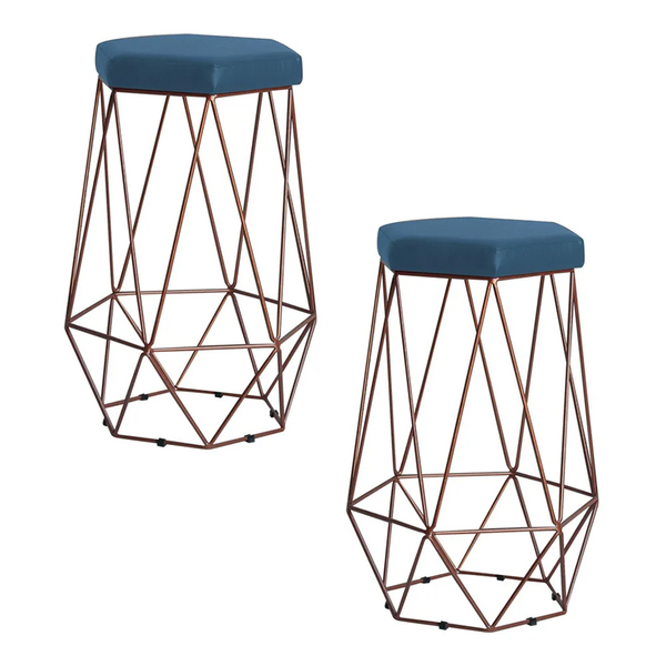 Kit 2 Banqueta Decorativa Rubel Base Bronze Suede Azul Marinh