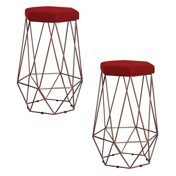 Kit 2 Banqueta Decorativa Rubel Base Bronze Veludo Vermelho G