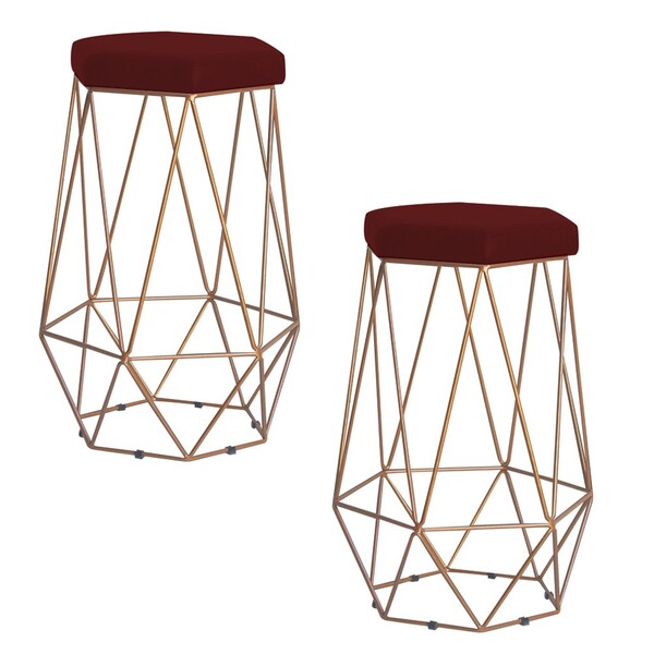 Kit 2 Banqueta Decorativa Rubel Base Gold Suede Bordô G41 - G