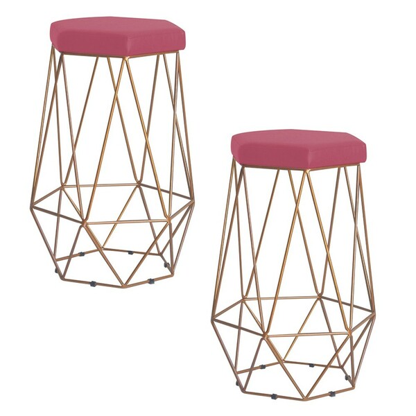 Kit 2 Banqueta Decorativa Rubel Base Gold Suede Rosa G41 - Gr