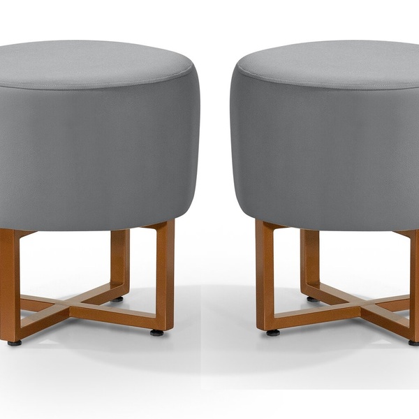 Kit 2 Banqueta Redonda Puff Pes Dourado Para Penteadeira Cama