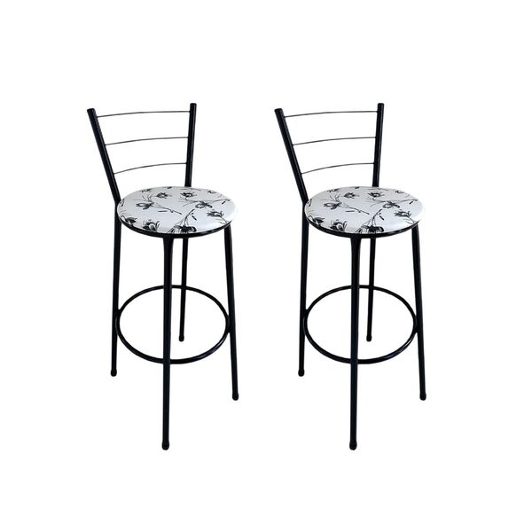 Kit 2 Banquetas Alta Preta Com Encosto Assento Branco Floral