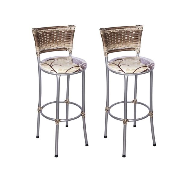 Kit 2 Banquetas Alta Romana Prata Com Encosto Junco Capuccino