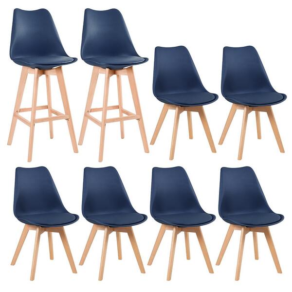 Kit - 2 Banquetas Altas + 6 Cadeiras Estofadas Leda - Azul Pe