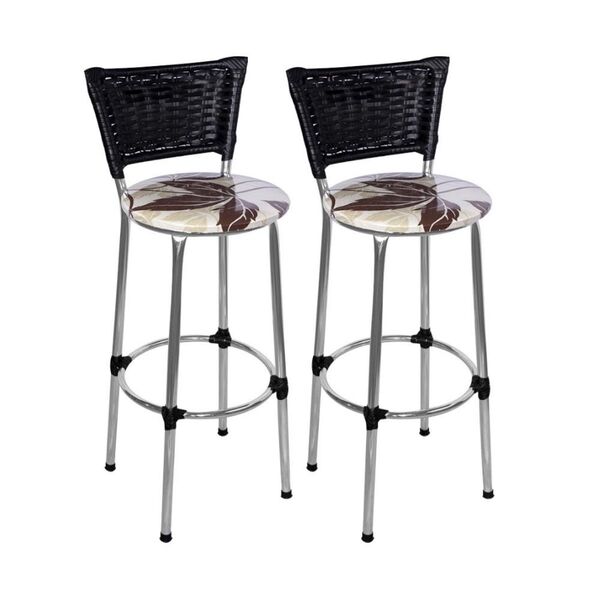 Kit 2 Banquetas Altas Cromada Com Encosto Junco Preto Assento