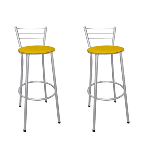 Kit 2 Banquetas Altas Prata Com Encosto Assento Amarelo