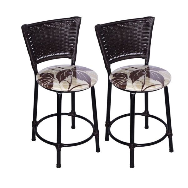 Kit 2 Banquetas Baixas Preta Com Encosto Junco Argila Assento