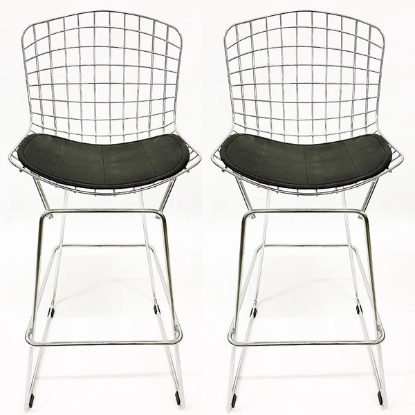 Kit 2 Banquetas Bertóia Maciça Cromada Assento Preto Altura 6