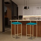 Kit 2 Banquetas Decorativa Jasmine Base Gold Suede Azul Claro