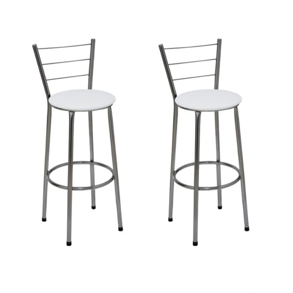Kit 2 Banquetas Média Cromada Com Encosto Assento Branco