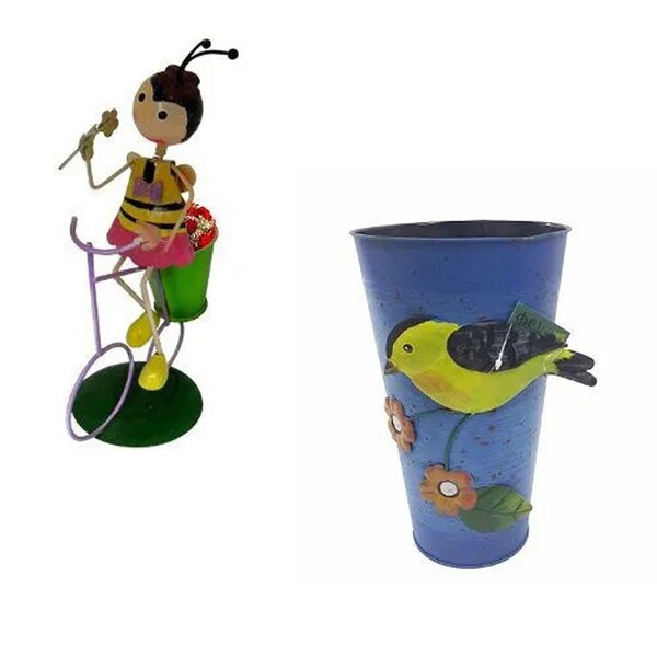Kit 2 Bonecas Abelha Ferro E 1 Vaso Metal Decoração Enfeite