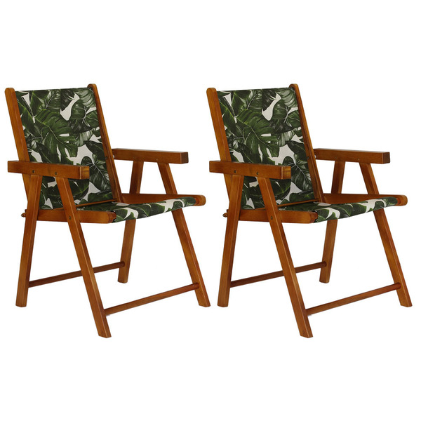 Kit 2 Cadeira Praia Dobrável Madeira Envernizada-folhas Verdes