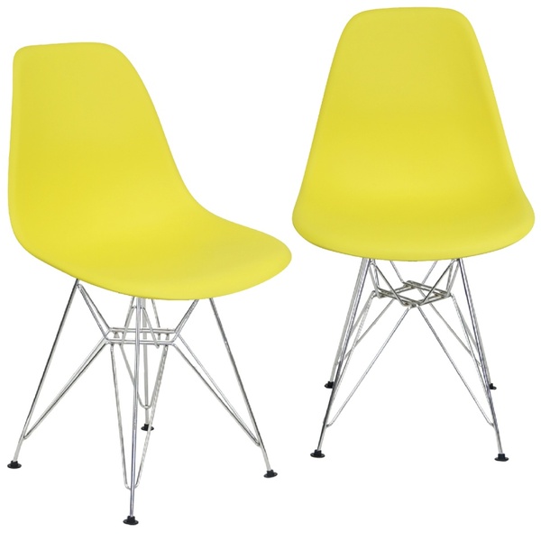 Kit 2 Cadeiras Charles Eames Eiffel Base Metal Cromado Amarela