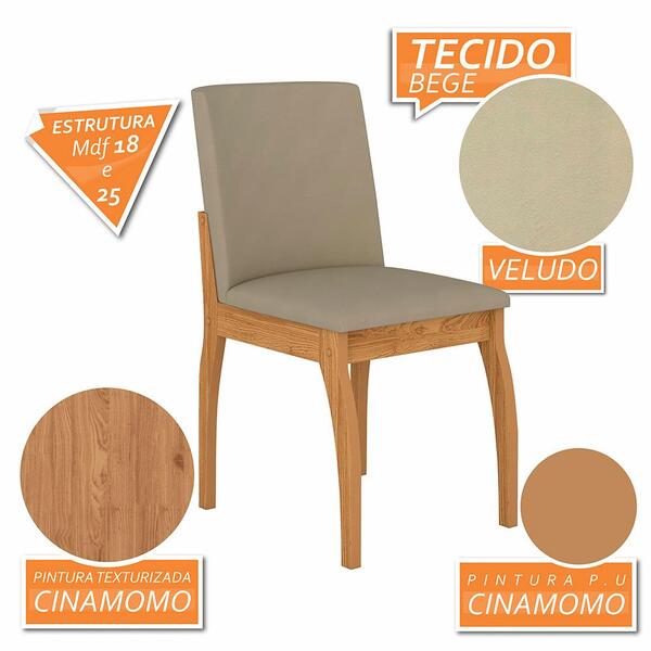 Kit 2 Cadeiras Estofadas Sucre Cinamomo/veludo Bege - Móveis