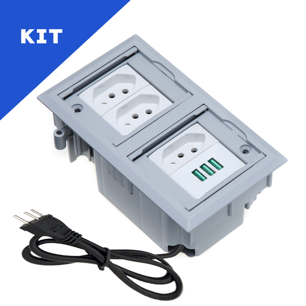 Kit 2 Caixas De Tomadas 4 Blocos Com 3 Tomadas 10a 3usb Cinza