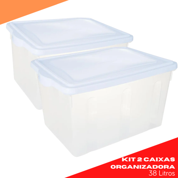 Kit 2 Caixas Organizadora Branco Transparente Plasvale 38 Lit