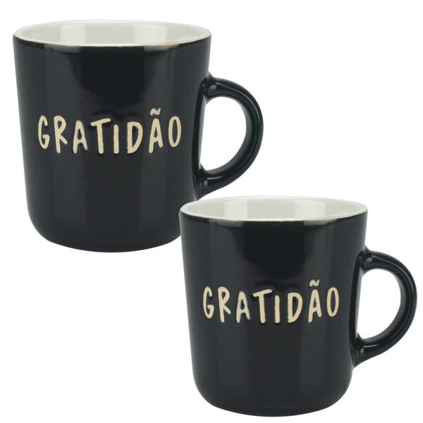 Kit 2 Canecas De Porcelana Desejos Preto Gratidão 170ml