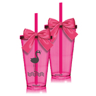 Kit 2 Copos Rosa Com Tampa, Canudo E Laço Personalizados Flam