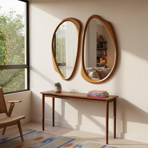 Kit 2 Espelhos Orgânicos Moldura Amadeirada Mdf Specchio Cina